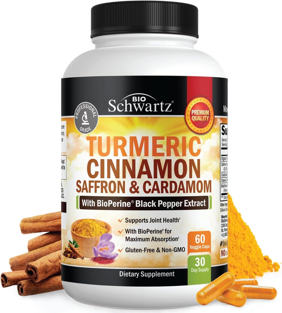 Turmeric συμπλήρωμα με Saffron, κανέλα και Cardamom Plus BioPerine Black Pepper Extract για βέλτιστη απορρόφηση, φυσικό Tumeric Curcumin κοινό συμπλήρωμα υποστήριξης για γυναίκες και άνδρες, 60 κάψουλες