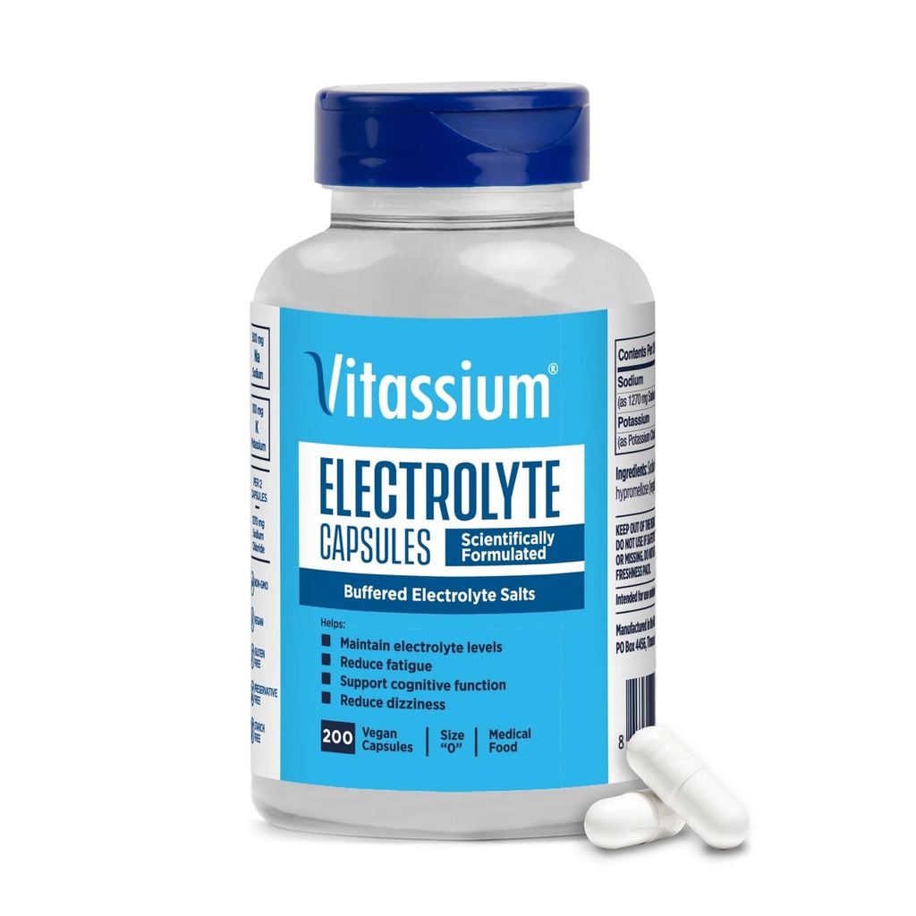 Vitasium Electrolyte Κάψουλες, Ηλεκτρολύτες για τη Διαχείριση των POTS και High Sodium Diets (500mg Νάτριο - 100mg Κάλιο), Άγευστα, 200 Αλάτι Χάπια (Μέγεθος 0)