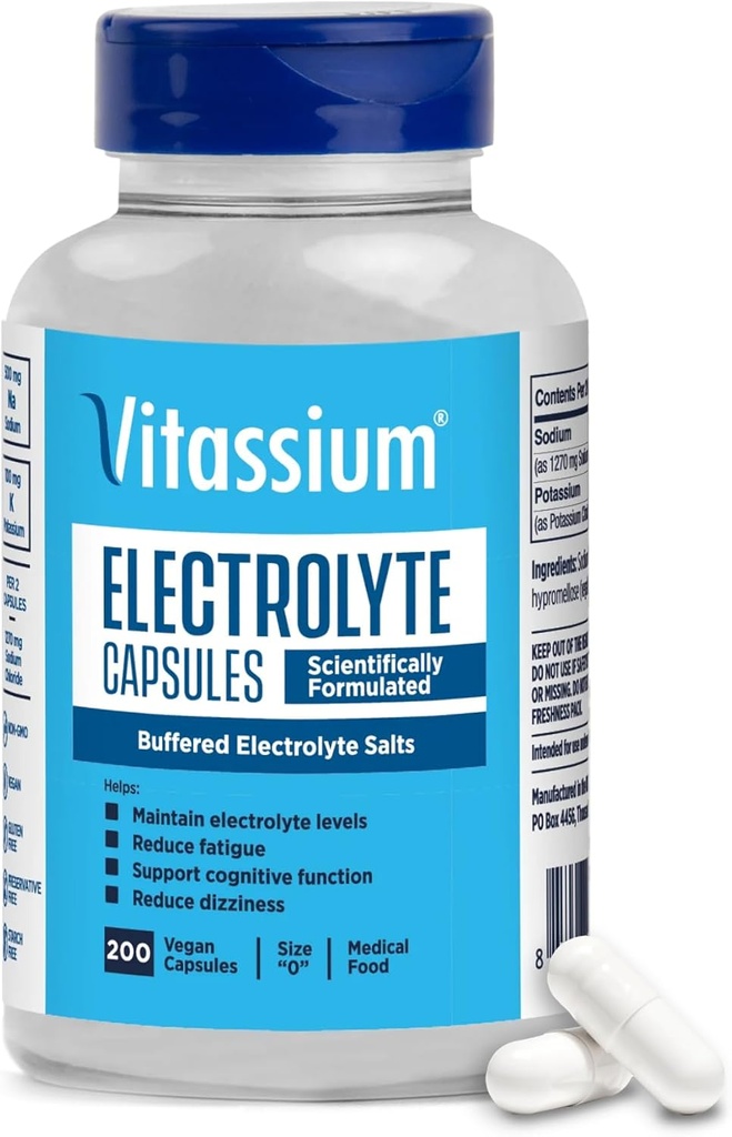 Vitasium Electrolyte Κάψουλες, Ηλεκτρολύτες για τη Διαχείριση των POTS και High Sodium Diets (500mg Νάτριο - 100mg Κάλιο), Άγευστα, 200 Αλάτι Χάπια (Μέγεθος 0)
