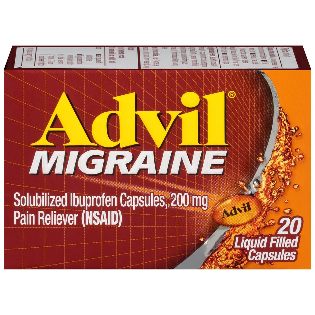 Advil Migraine Headache Relief, Ibuprofen Capsules with Ibuprofen 200mg for Migraine Relief, Nausea Relief and Light Sensitivity Relief - 20 Liquid Filled Capsules