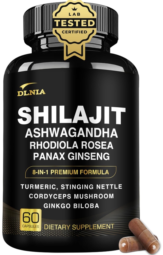 8-σε-1 Shilajit για άνδρες & γυναίκες με Ashwaganda Ιμαλαΐων Βιολογικό συμπλήρωμα με Rhodiola Rosea, Ginseng, Turmeric, Mushroom, για την ανοσοποιητική υποστήριξη, ενέργεια, ηρεμία, εστίαση, σαφήνεια, ύπνο, κορτιζόλη