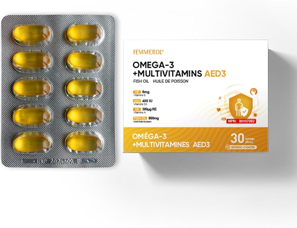 Πολυβιταμίνες με Omega-3, πολυβιταμίνη για γυναίκες και άνδρες, Enteric Coated Fish Oil DHA/EPA με βιταμίνη Α, βιταμίνη Ε και βιταμίνη D3 για την υποστήριξη της ανοσοποιητικής λειτουργίας (1 Box 30 Softgels)