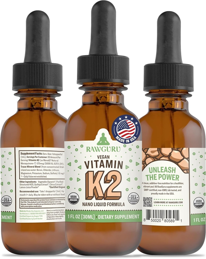 RawGuru Vitamin K2 Supplement - Βιολογική Vegan Vitamin K2 MK7 με Trace Minerals - Nano-Processed Antioxidant & Immune Support Supplement Βάμμα - 30 Μερίδες Vegan Drops ανά 30 ml, Συσκευασία 1