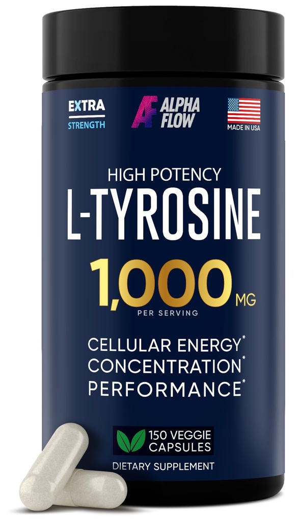 Alpha Flow L Τυροζίνη 1000MG Κάψουλες - Όλα-φυσικά L- Τυροζίνη συμπλήρωμα για Focus & Energy Boost - Μη-ΓΤΟ & Χωρίς γλουτένη - Vegan 150 Caps -500mg x 2 ανά υπηρεσία