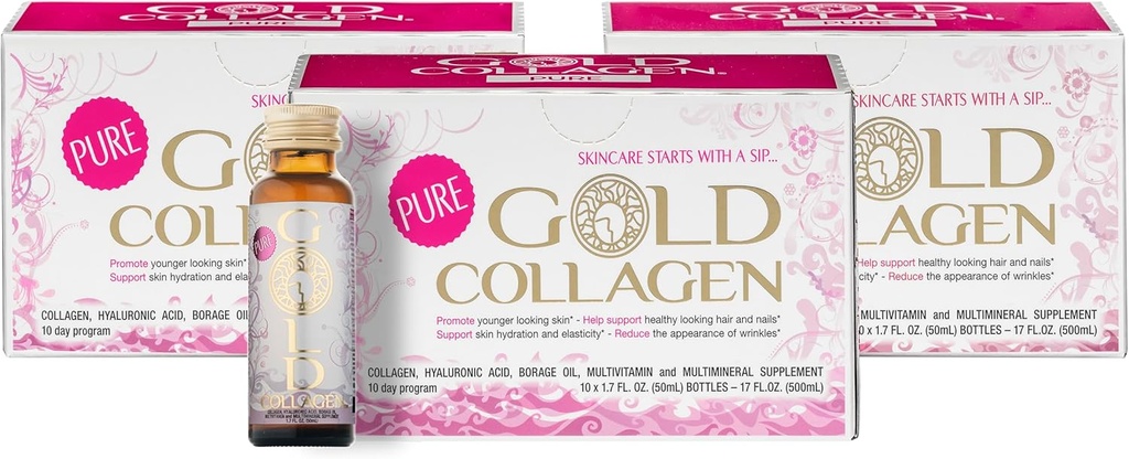 GOLD COLLAGEN Pure - Collagen Συμπληρώματα για γυναίκες & άνδρες με βιοτίνη για την ανάπτυξη των μαλλιών, το δέρμα και τα νύχια - Anti Wrinkle ανοσοποιητικό σύστημα Booster με υαλουρονικό οξύ, βιταμίνη C, B6 και ψευδάργυρο, 3 Pack 10x50 ml