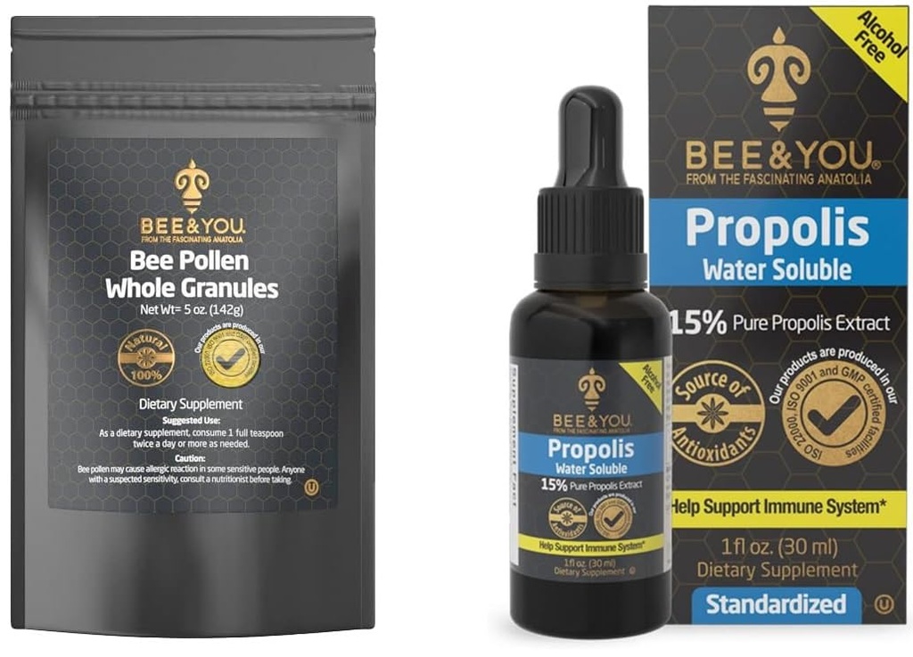 BEE και εσείς Bundle, Bee Γύρη κόκκων, τσάντα 5oz, με 100% φυσικό Propolis Extract σταγόνες, Ultra Pure, συμπλήρωμα υποστήριξης ανοσοποιητικών, Superfood, Αντιτοξικά, Βιταμίνες,