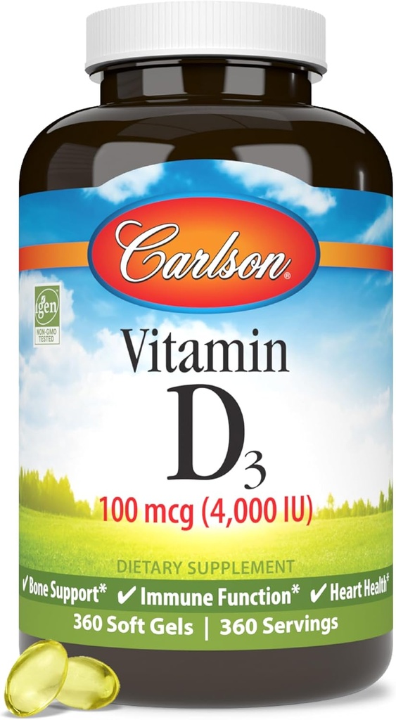 Carlson - Βιταμίνη D3, 4000 IU (100 mcg), Υγεία των οστών και του ανοσοποιητικού, συμπλήρωμα χοληκαλσιφερόλης, κάψουλες βιταμίνης D χωρίς γλουτένη, 360 Softgels