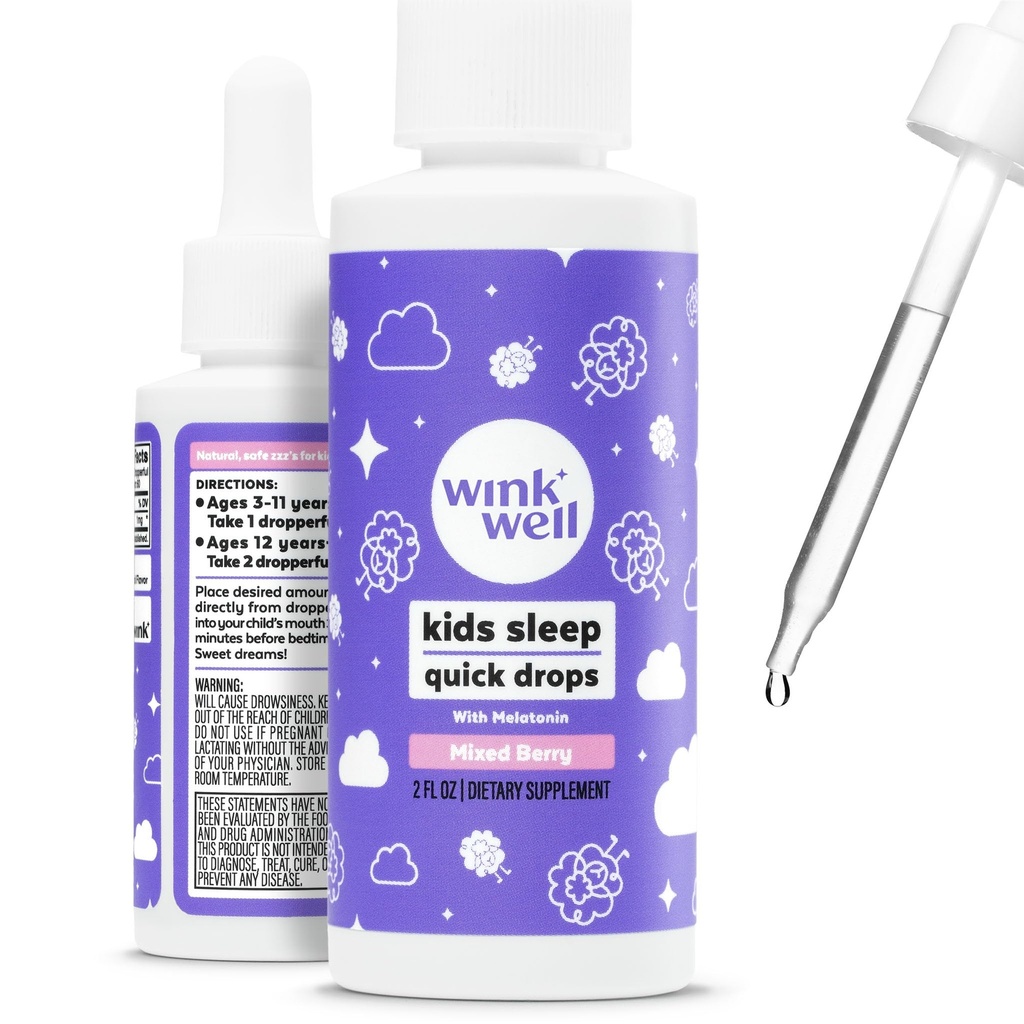 Wink Well Kids Liquid Melatonin Drops- Natural Sleep Drops for Toddlers and Teens Sleep Aid with 1mg Per Serving-Non-Addictive Children's Liquid Melatonin- 2 Oz