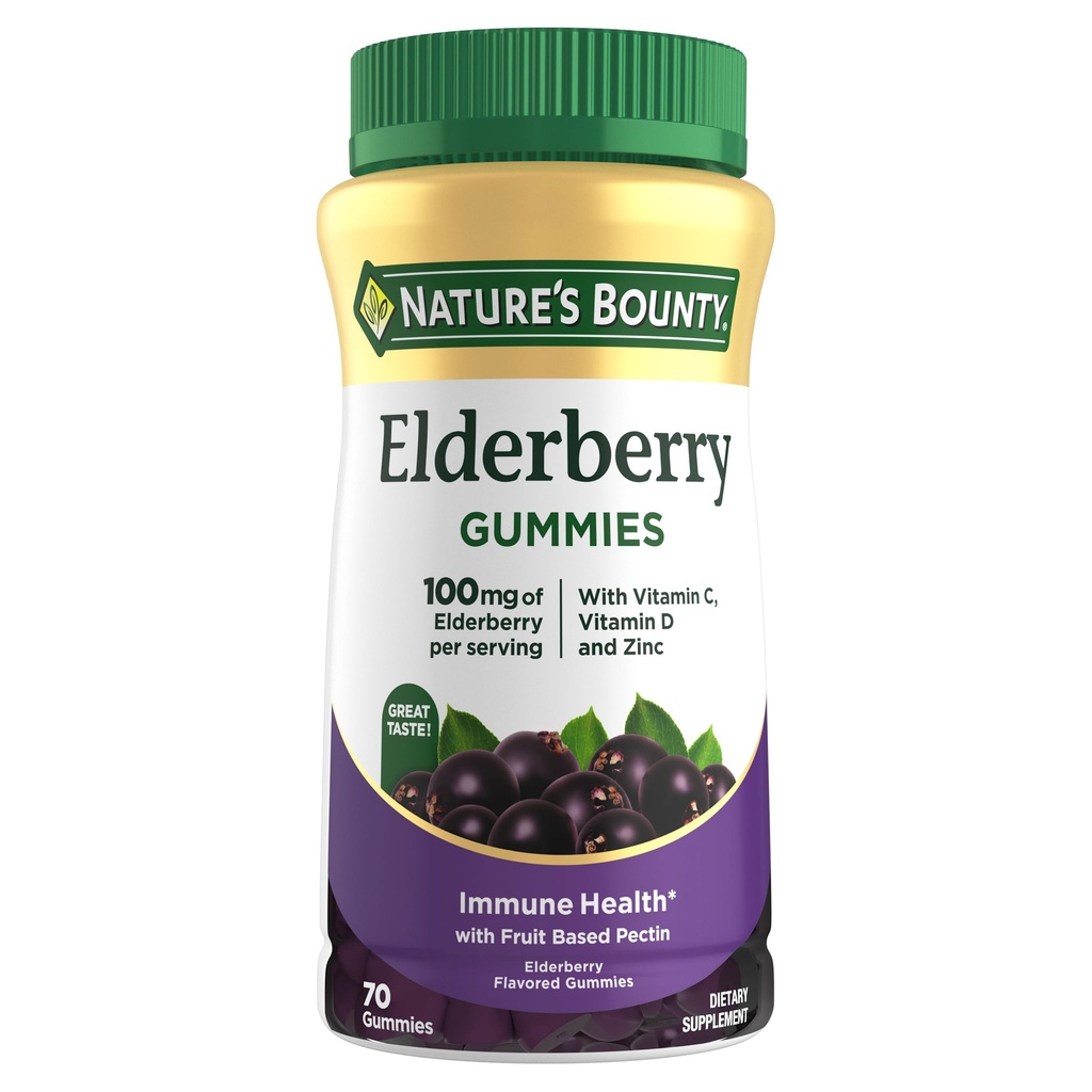 Nature's Bounty Elderberry Gummies, Συμπλήρωμα διατροφής, Υποστηρίζει την Ανοσοποιητική Υγεία, Περιέχει βιταμίνη Α, C, D, E και ψευδάργυρο, 100 mg, 70 Gummies