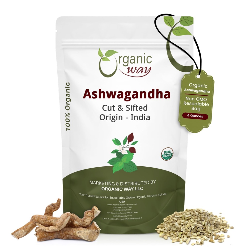 Organic Way Ashwagandha Root Cut & Sifted (Withania somnifera) - Organic & Kosher Certified | Vegan, Non GMO & Gluten Free | USDA Certified | Origin - India (1/4LBS / 4Oz.)
