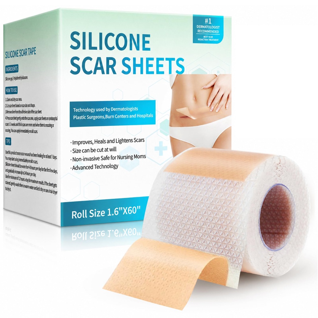 Rvlaim Silicone Scar Tape, (1.6”x 60” Roll) Reusable Silicone Scar Sheets | Medical Silicone Tape Softens, Flattens & Fades Scars, Reusable, Waterproof, Breathable for C-Section, Keloid, Burns & Acne