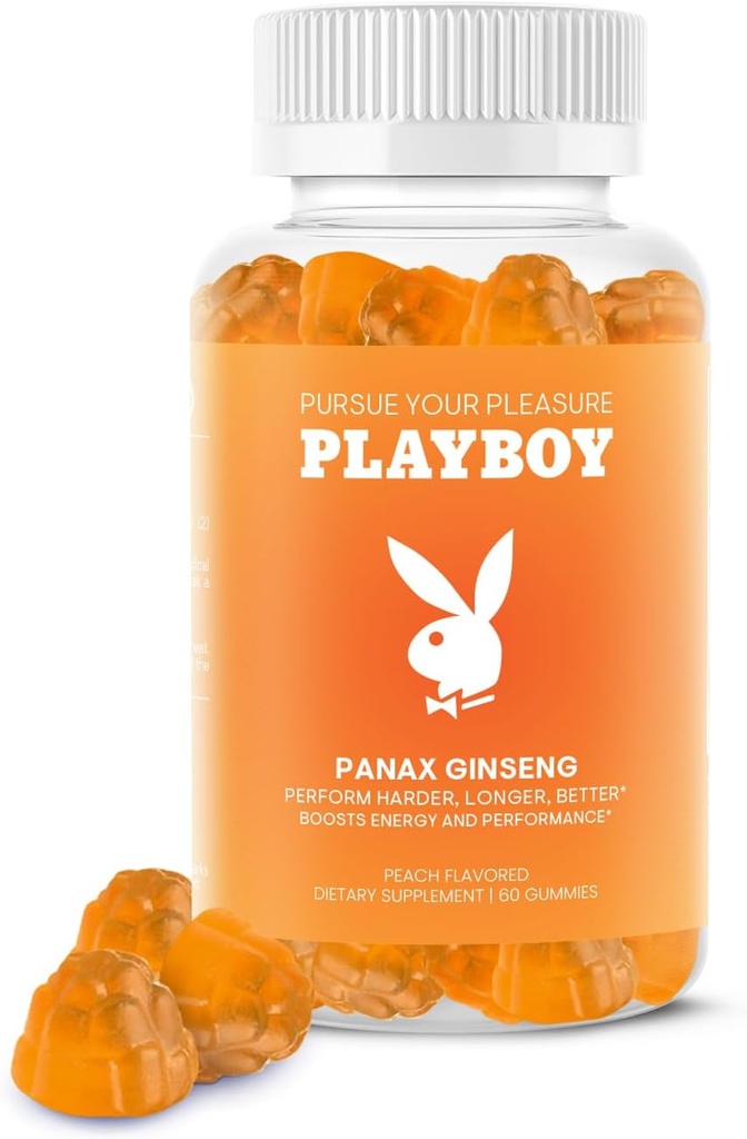 Playboy – Ginseng Gummies (60 Count - Ροδάκινο Γεύση) - Εκτελέστε σκληρότερα, μακρύτερα, καλύτερα - Panax Ginseng συμπλήρωμα Gummy για άνδρες και γυναίκες - 100% φυσικό, Vegan μη GMO Ginseng ρίζα 6:1 εκχύλισμα
