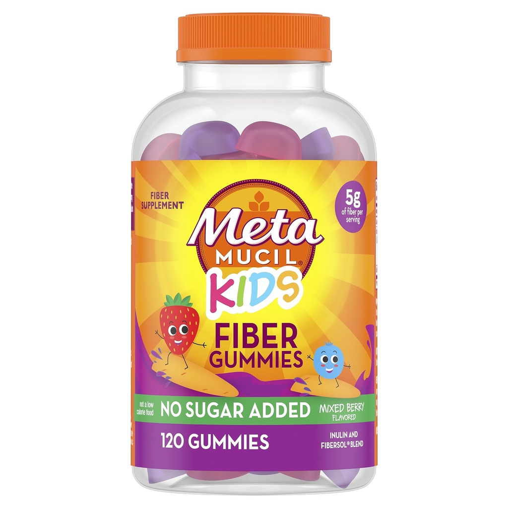 Metamucil Kids Fiber Gummies, Χωρίς ζάχαρη Προστέθηκε, 5g Prebiotic Plant-based Fiber Supplement Blend, Mixed Berry Γεύση, 120ct Gummies