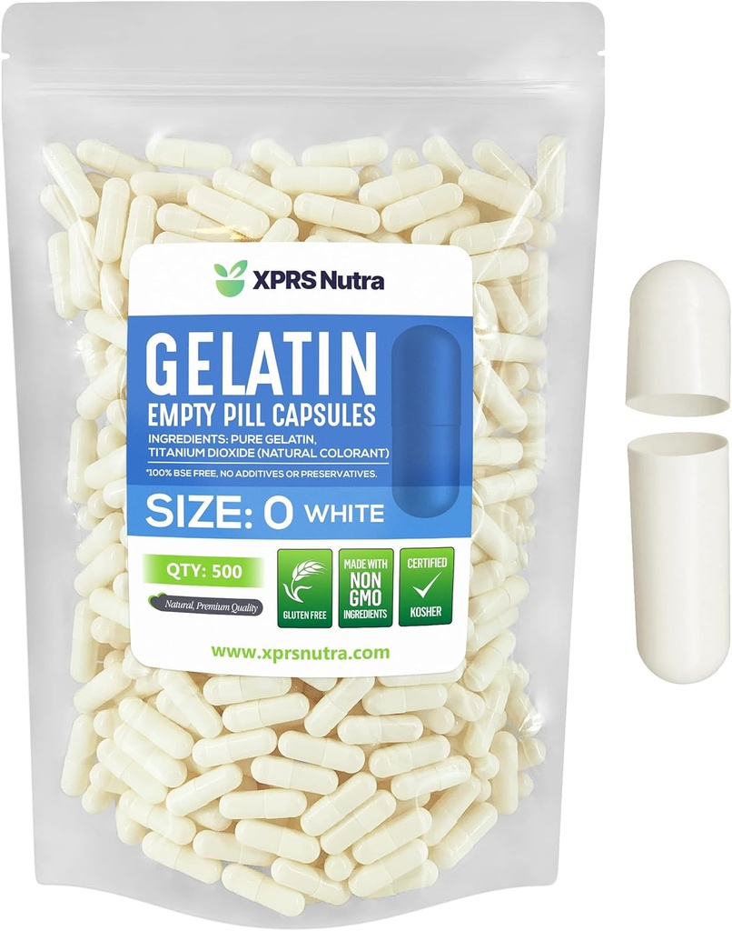 XPRS Nutra Μέγεθος 0 Κενές κάψουλες - 500 Count Empty Gelatin Κάψουλες - Χάπια DIY Καψάκιο Γέμισμα - Αγνά καπάκια τζελ Μπόβιν Χάπι για το Do-It-Yourself Συμπληρώματα (Λευκά)