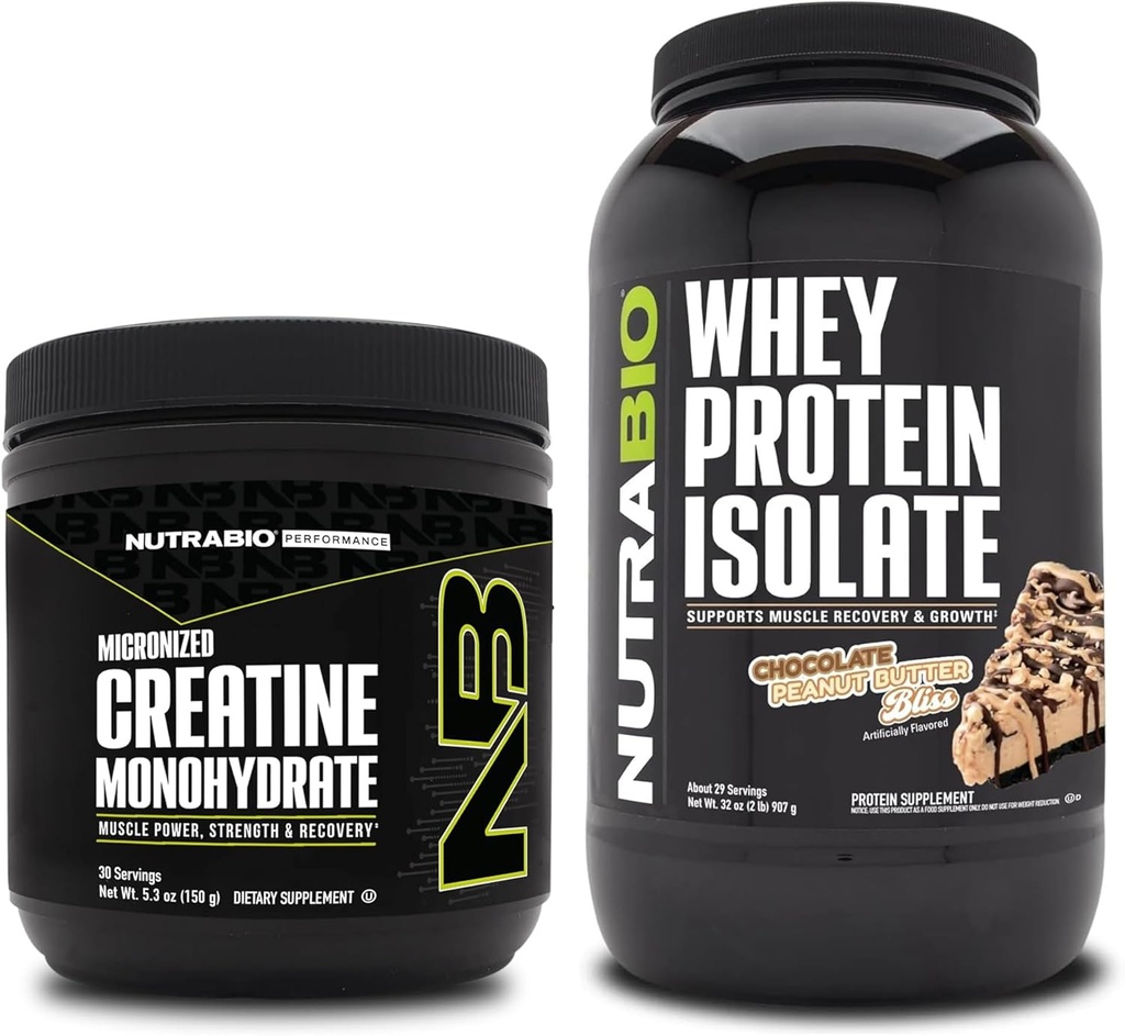NutraBio Creatine Monohydrate, Unflavored, 150g και Whey Protein Isolate, Σοκολάτα Φυστικοβούτυρο, συμπλήρωμα Bundle - μυϊκή ενέργεια, Lean μυϊκή ανάπτυξη, ανάκτηση, και δύναμη
