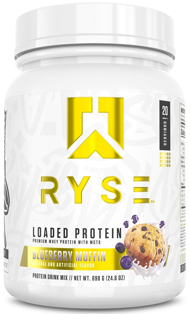 RYSE Loaded Protein Powder - Blueberry Muffin - 25g Whey Protein Isolate & Concent with Prebiotic Fiber & MCTs - Χαμηλό υδατάνθρακες, χαμηλή ζάχαρη, Digestive-Friendly - 20 Σερβιέτες / 1,5 lb Tub