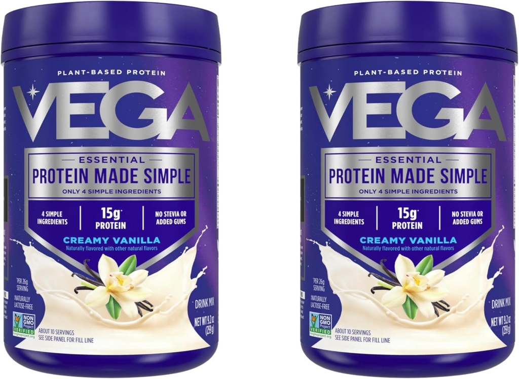 Vega Protein Made Simple Protein Powder, Vanilla - Stevia Free, Vegan, Plant Based, Healthy, Gluten Free, Pee Protein for Women and Men, 9,2 oz (Packing May Vary) (Pack of 2)