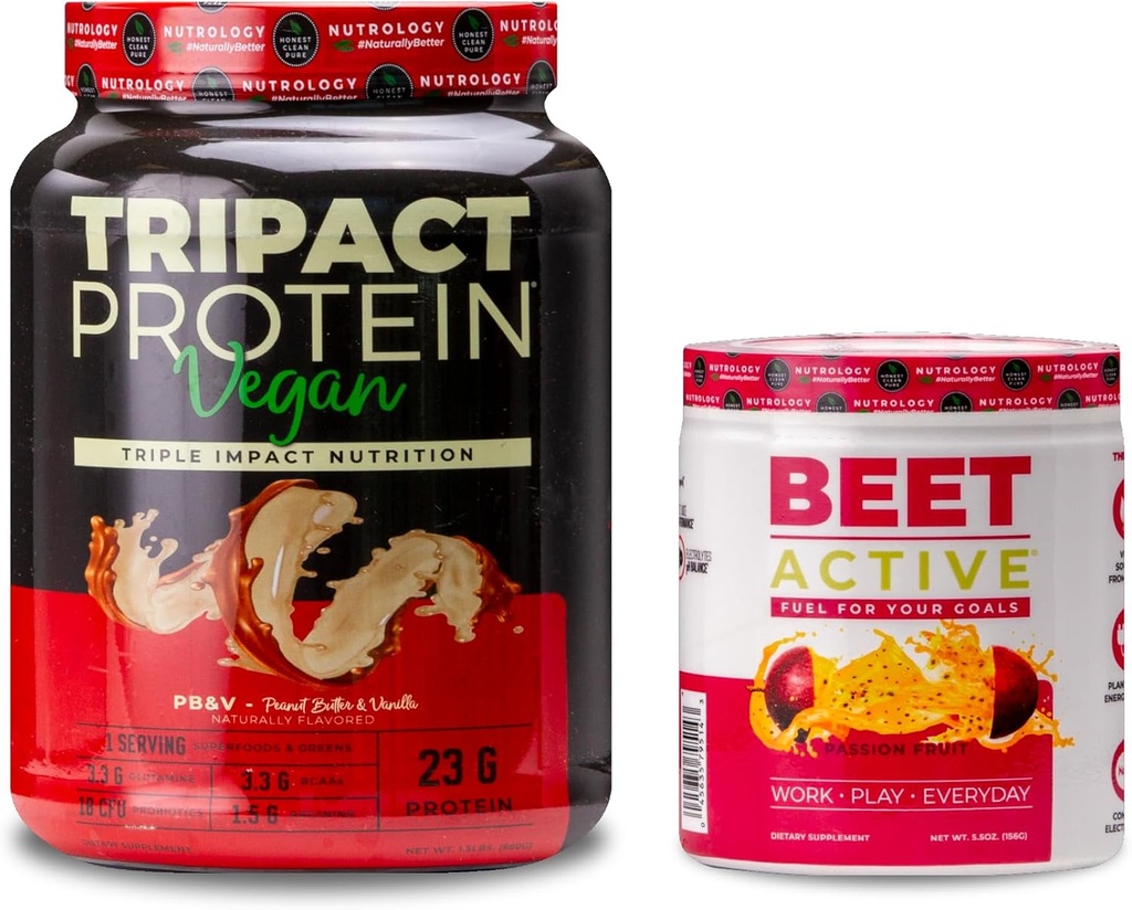 Nutrology TRIPACT Vegan Protein Powder, for Vegan Protein Shakes, Peanut Butter Vanilla (20 Servings) & Beet Active, Natural Pre-Workout Powder, Passion Fruit Flavor (30 Servings)