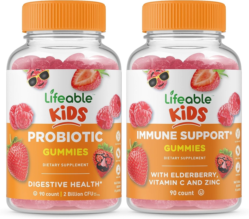 Lifeable Probiotic 2 Billion CFU Kids + Immune Support Kids, Gummies Bundle - Great Tasting, Vitamin Supplement, Gluten Free, GMO Free, Chewable Gummy
