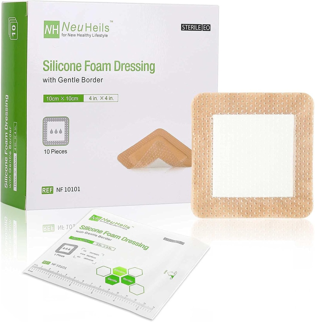 NeuHeils Σιλικόνη Συγκολλητική αφρός Dressing with Gentle Border 4''x4'' for Bed Sore Leg Ulcer 10 Pack, Υψηλή απορροφητικότητα Αδιάβροχη Σιλικόνη Wound Bandage