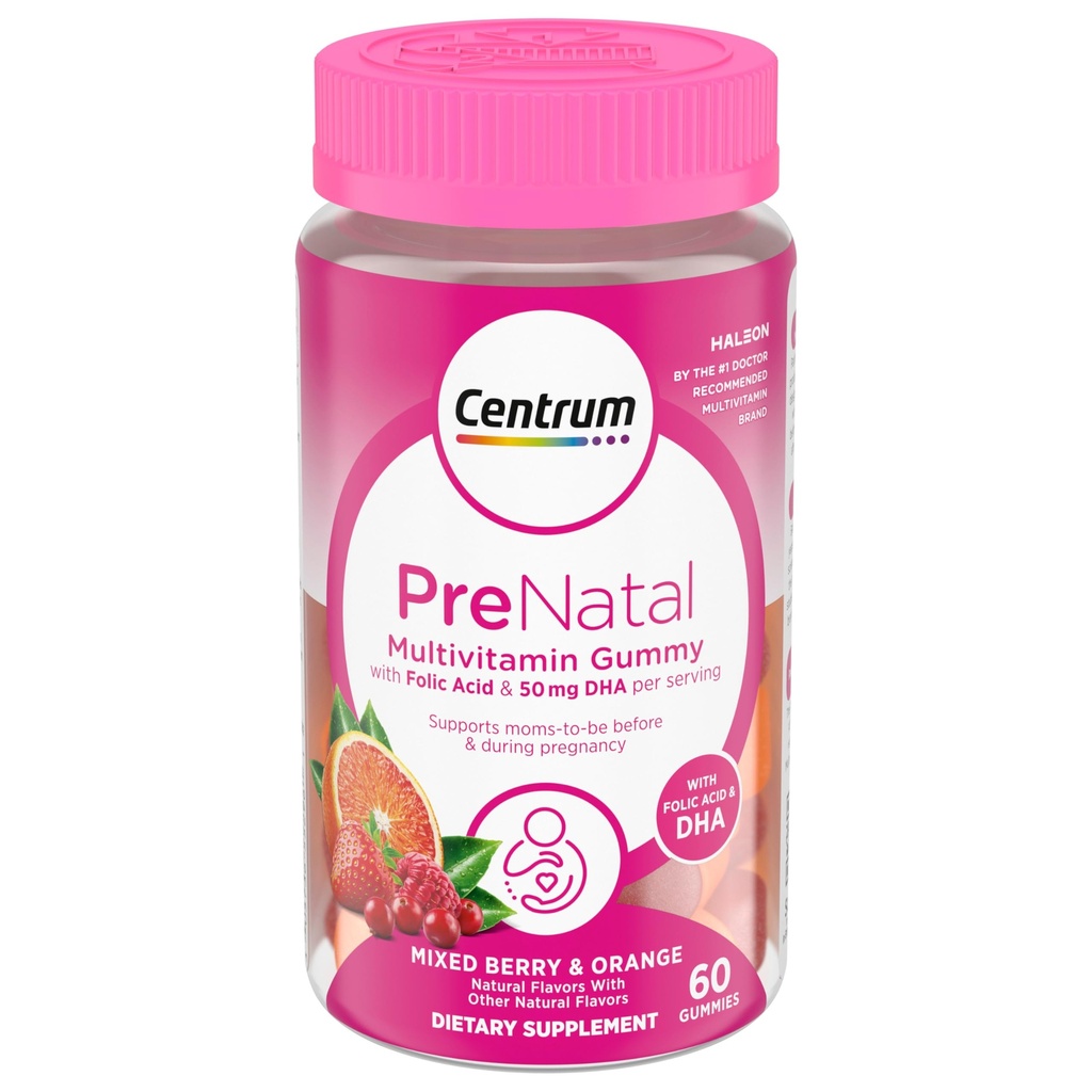 Centrum Prenatal Multivitamin Gummies με DHA και Folic Acid, Mixed Berry και Orange Flavors - 60 Count, 30 Day Supply