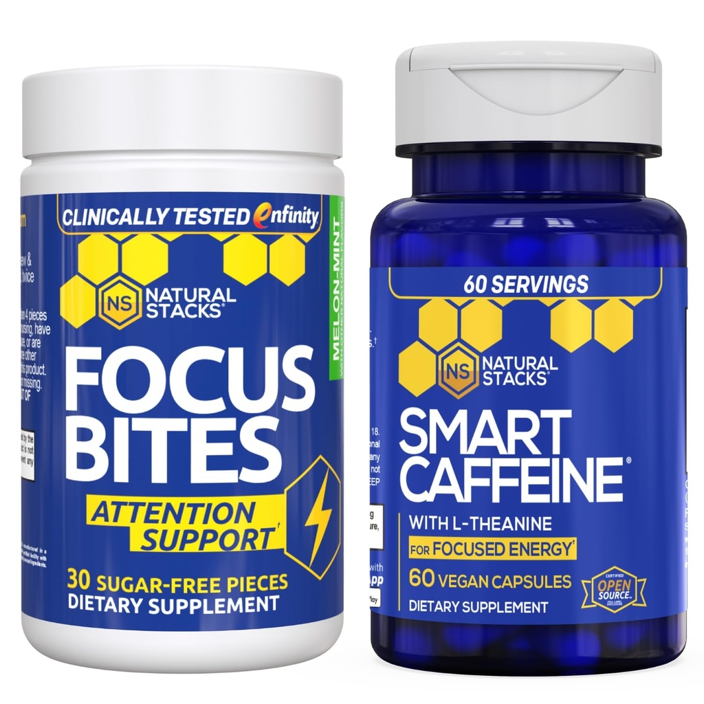 ΦΥΣΙΚΑ STACKS Smart Caffeine + Focus Bites Bundle - Caffeine & Paraxanthine Συμπληρώματα - Υποστηρίζει Ενέργεια & Εστίαση* - Δεν Jitters ή Crash - 90 κομμάτια