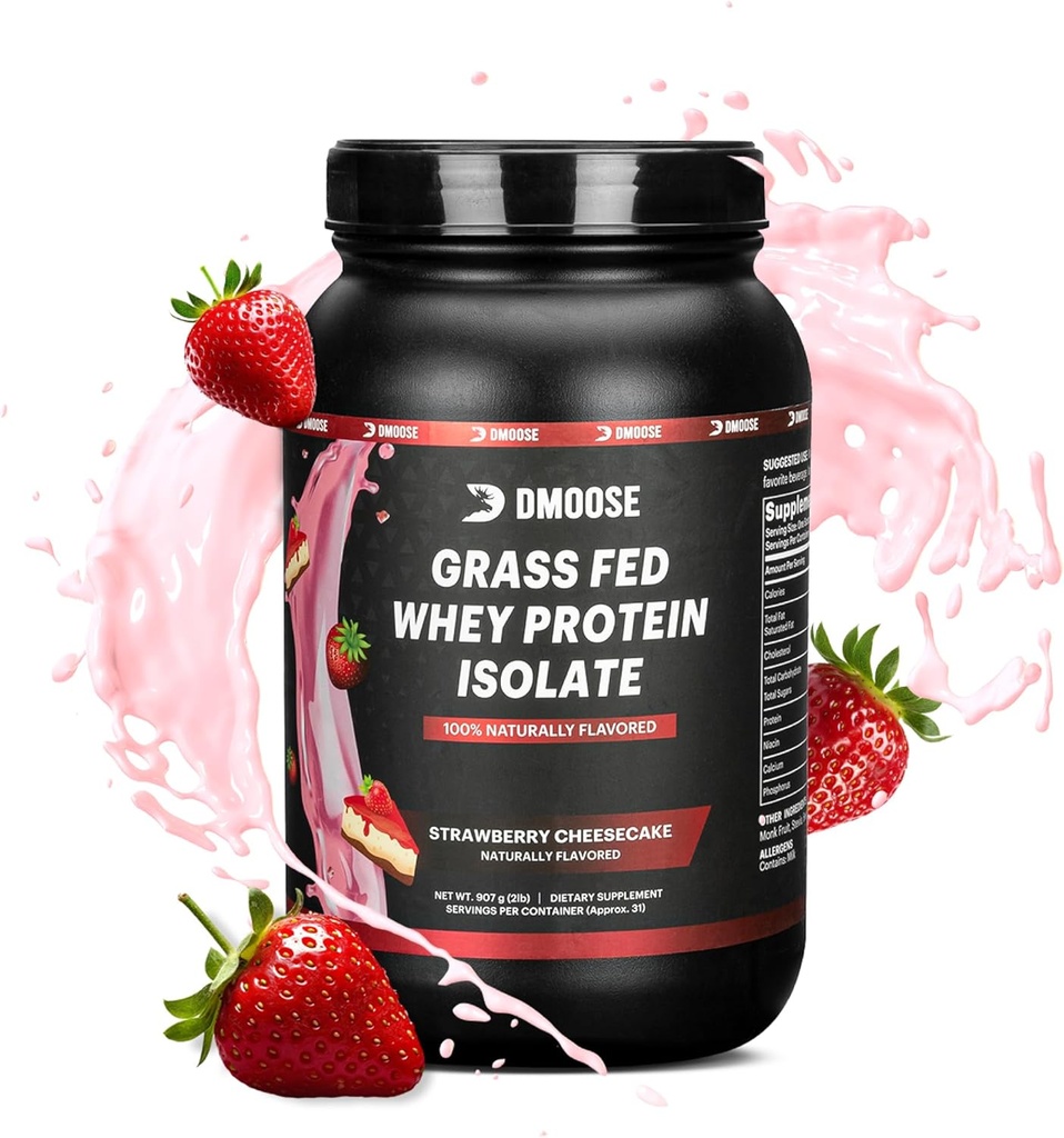 DMoose Grass Fed Whey Protein Powder - για την ανάπτυξη των μυών & την αποκατάσταση, φυσικά γλυκασμένα & αρωματισμένα, πλούσια σε Αμινοξέα, γρήγορη απορρόφηση της απόδοσης Φόρμουλα (2 Lbs, Φράουλα)