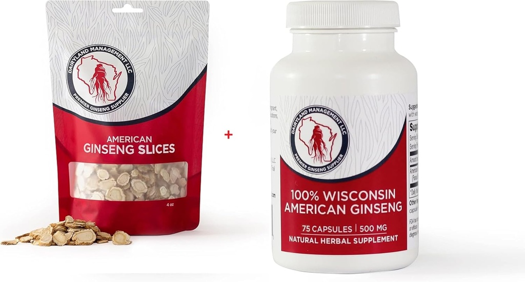 Dairyland American Ginseng Slices 4 oz και κάψουλες 75 ct πακέτο του Wisconsin Ginseng – Απευθείας από τον αγρότη στον καταναλωτή 西洋参