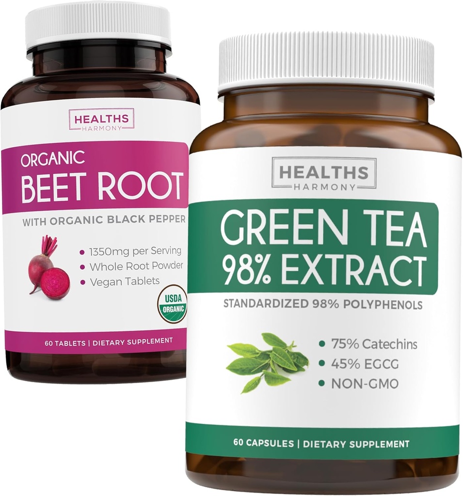 Beet Root & Green Tea Extract (1-Month Supply) Detox Power Duo - Βιολογική Beet Root με Μαύρο Πιπέρι για Απορρόφηση 1250mg (60 Tablets) & Πράσινο Τσάι Extract 98% με EGCG 1000mg ανά σερβίς (60 caps)
