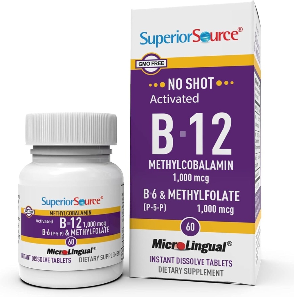 Superior Source No Shot Vitamin B-12 Methylcobalamin 1000 mcg, B-6, & Methylfolate 1000 mcg - Υποστηρίζει την ενέργεια, τον εγκέφαλο και την υγεία της καρδιάς - Bariatric Friendly - 60 Υπογλώσσια Δισκία Διάλυσης