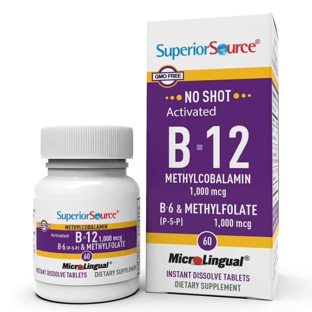 Superior Source No Shot Vitamin B-12 Methylcobalamin 1000 mcg, B-6, & Methylfolate 1000 mcg - Υποστηρίζει την ενέργεια, τον εγκέφαλο και την υγεία της καρδιάς - Bariatric Friendly - 60 Υπογλώσσια Δισκία Διάλυσης