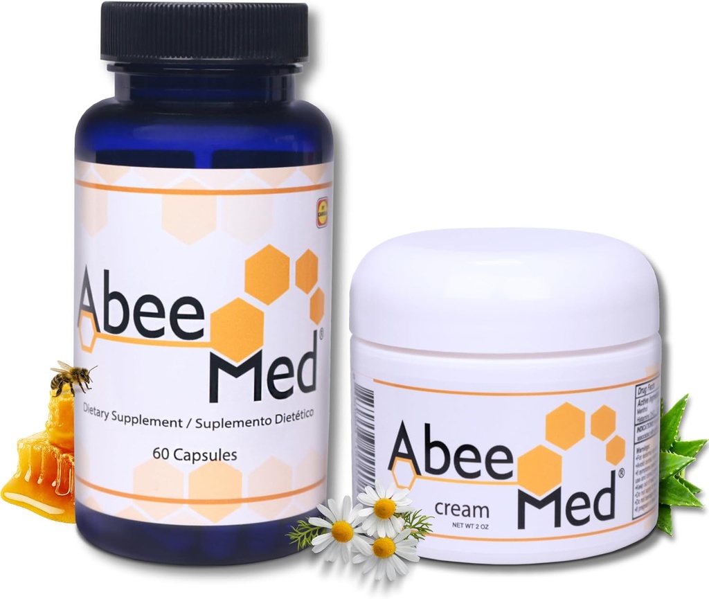AbeeMed Natural Supplement 60 Capsules + Cream 2 oz Value Pack - Bee Venom Apitoxin - Pain Support - Mobility