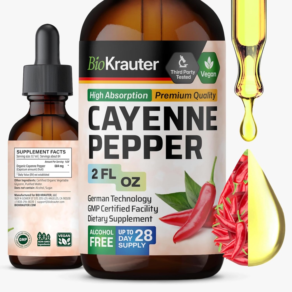 BIO KRAUTER® Cayenne Pepper Drops 684 mg - Pure Vegan Cayenne Pepper Supplements 2 Fl.Oz 28 Ημέρες Προμήθειας - Φυσική κασαϊκίνη για Επιπεφυκτική Υποστήριξη - Αλκοόλ & Ζάχαρη Χωρίς, Μη ΓΤΟ
