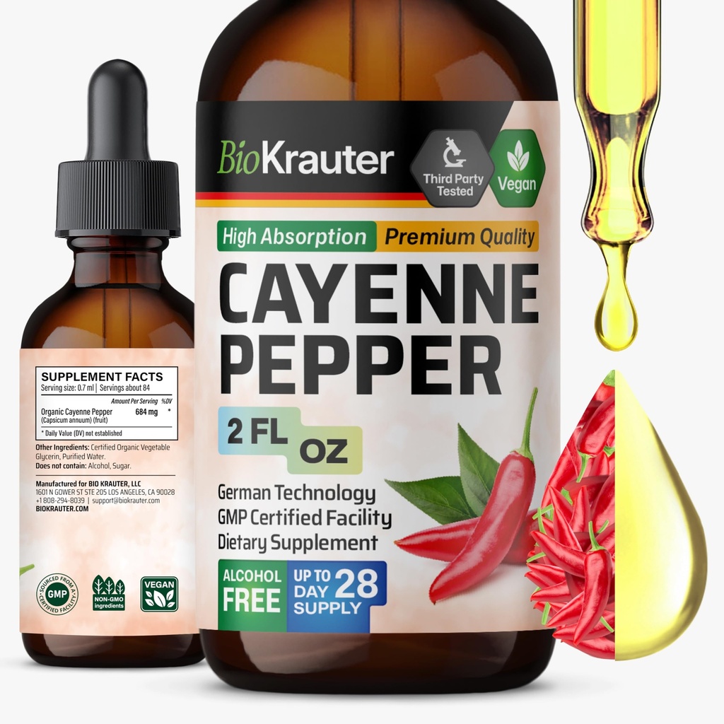 BIO KRAUTER® Cayenne Pepper for Circulatory & Digestive Support - Pure Vegan Capsaicin Supplements - 2 Fl.Oz Cayenne Pepper Drops - Natural Capsaicin, Alcohol & Sugar Free, 28 Days of Supply