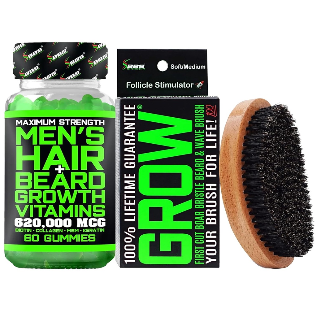 Beard Growth Kit w/ 620.000mcg 14-in-1 BIOTIN Gummies/Beard Growth Vitamins & Hair Growth Vitamins for Men + 100% Αντικατάσταση ζωής Πρώτη Cut Boar Bristle Brush & 360 Wave Brush for Men