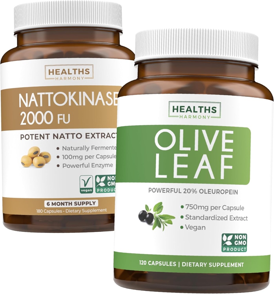 Nattokinase & Olive Leaf (6-Month Supply) Flow & Wellness Mix - Nattokinase 2000 FU Powerful Naturally Fermented Soybeans (6-Month Supply) & Olive Leaf Extract Super Strength with 20% Oleuropein
