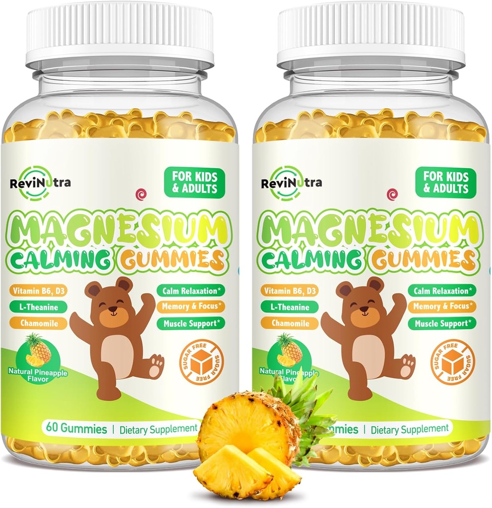 Magnesium Gummies for Kids - Συμπληρώματα Glycinate Gummies Μαγνήσιο με L-Θεανίνη, Βιταμίνη Β6, D3 για Ενήλικες & Παιδιά, Ήρεμο Μαγνήσιο για τον Ύπνο, Χαλάρωση, Εγκέφαλος, Μπόνες, Χωρίς Ζάχαρη Ανανά 120ct