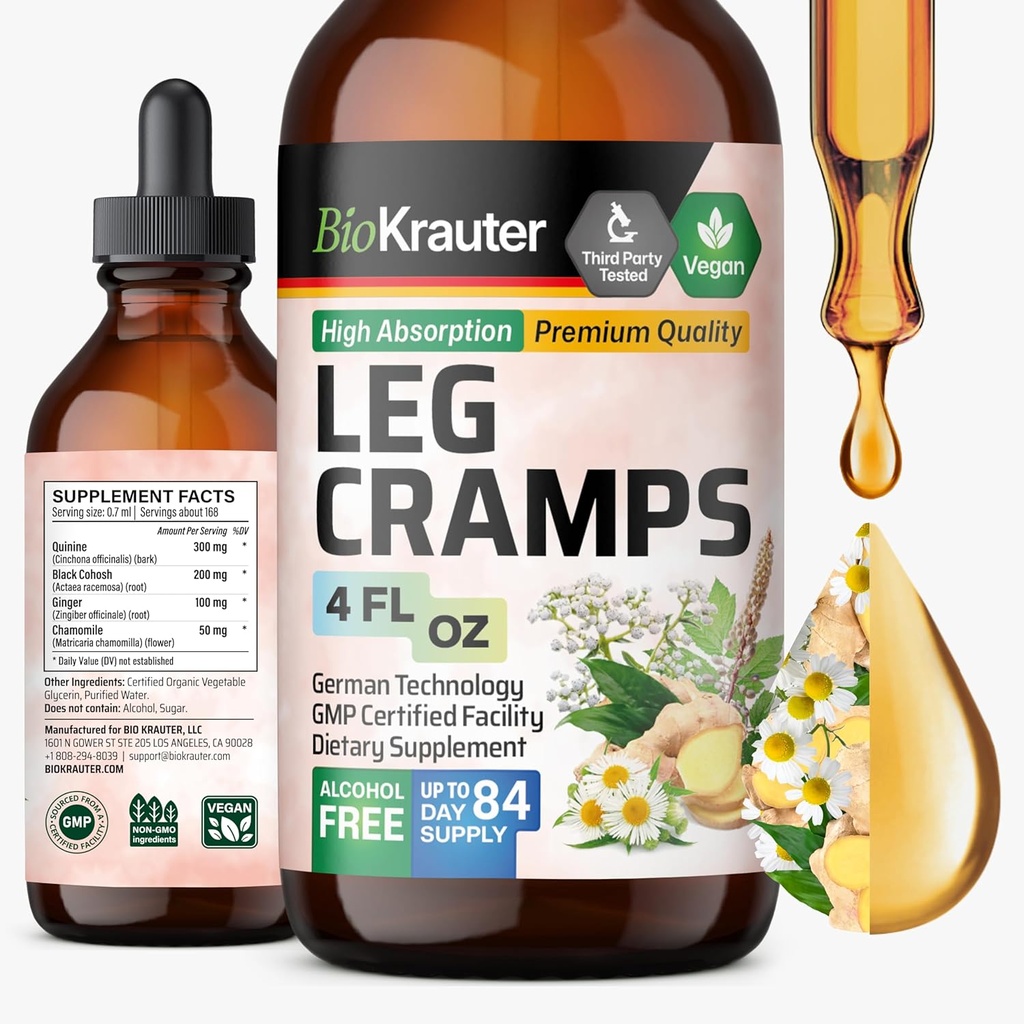 BIO KRAUTER Leg Cramps Βάμμα με κινίνη - Ginger & χαμομήλι Υγρά Εκχυλίσματα για τα πόδια Cramps - Φυσικό Αλκοόλ & Ζάχαρη Δωρεάν Φόρμουλα - Vegan Drops 4 Fl.Oz.