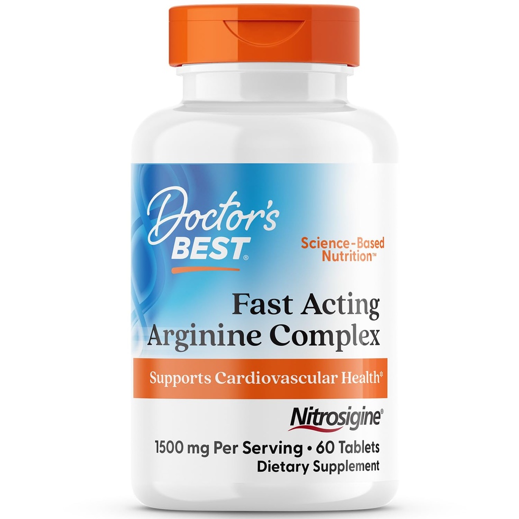 Doctor's Best Fast Active Arginine Complex - L Arginine Συμπληρώματα για Άνδρες & Γυναίκες, Βοηθά το Νιτρικό Οξείδιο Επίπεδο, Ροή αίματος & Καρδιαγγειακή Υγεία Υποστήριξη, 1500 mg ανά υπηρεσία, Vegan - 60 δισκία
