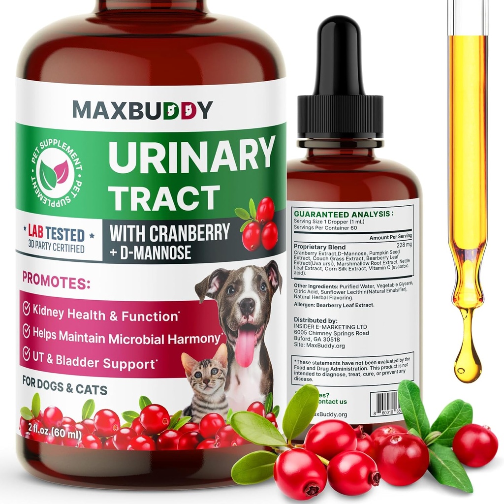 MaxBuddy Φυσική UTI υποστήριξη θεραπείας - Cranberry ούρα Φυλλαδική φροντίδα λοίμωξης & βοήθεια πρόληψης για γάτες και σκύλους – Kidney & Bladder Wellness συμπλήρωμα σταγόνες - Υποστήριξη για ροή ούρων