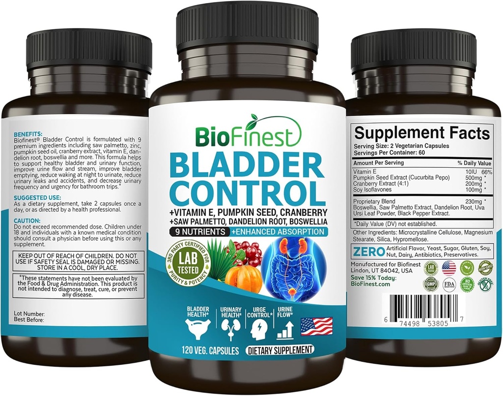 BioFinest Bladder Control Supplement for Men & Women - 120 Veg. Κάψουλες - Saw Palmetto, Cranberry, Pumpkin Seed, Vitamin E, Boswellia, Dandelion Root - Urinary Tract Bladder Health - Made in USA