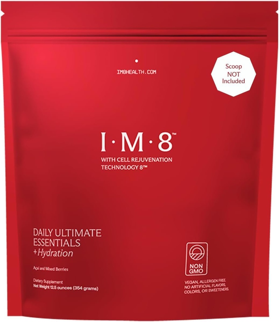 IM8 Καθημερινή Ultimate Essentials All-in-1 Multivitamin Supplement, 92 Nutrient Πλούσια συστατικά CoQ10, Προβιοτικά, Βιταμίνες, Πράσινα, GF, Acai Μικτό μούρο (30 σερβιέτες, Refill Pouch)