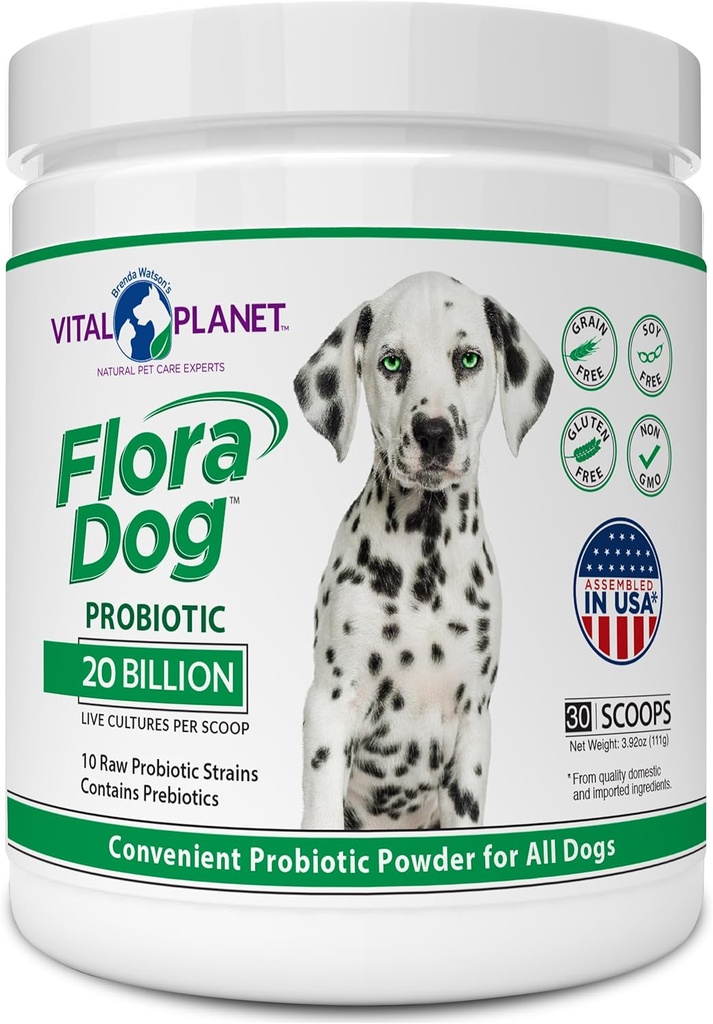 Vital Planet - Flora Dog Probiotic Powder Supplement with 20 Billion Cultures and 10 Strains, High Potency Immune and Digestive support Probiotics for Dogs, 3,92 oz., 111 Grams, 30 Servings