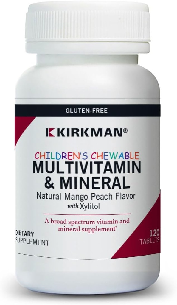 Kirkman - Children's Chewable Multivitamin & Mineral - 120 Tablets - Potent Broad-Spectrum Vitamin/Mineral Supplement - with Xylitol - Natural Mango Peach Flavor