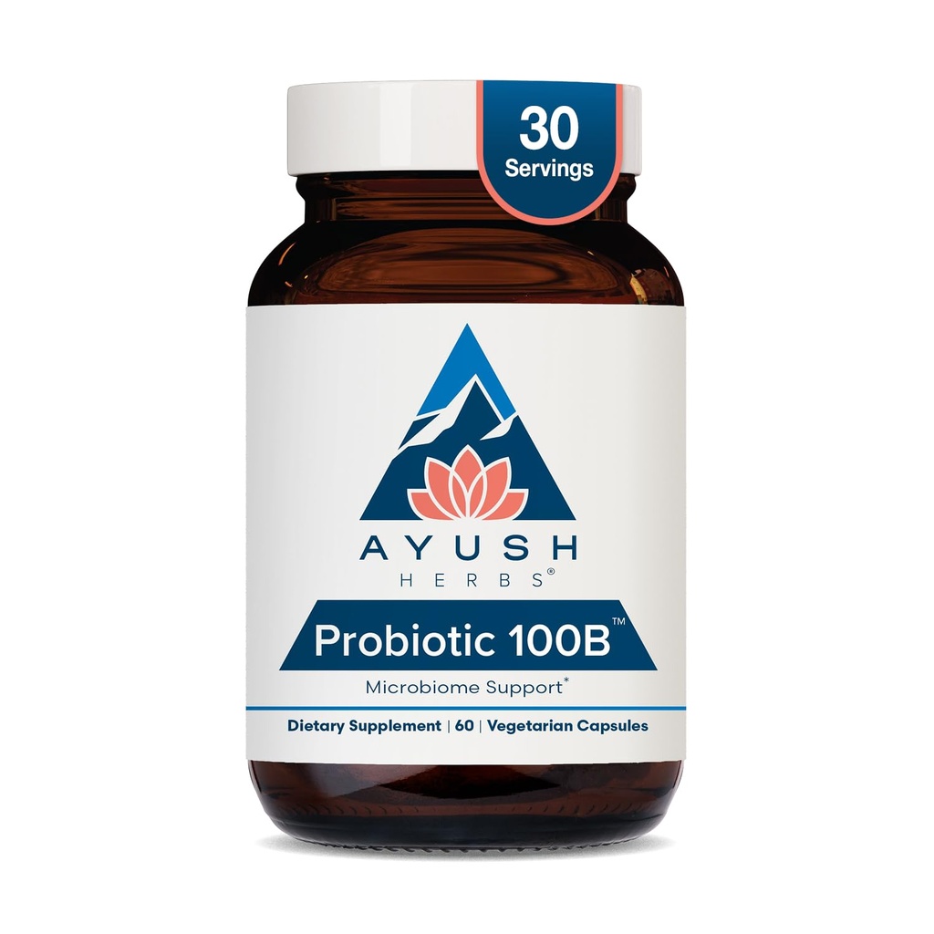 Ayush Herbs Probiotic 100B - Προβιοτικά για τις γυναίκες, Προβιοτικά για τους άνδρες, Πρεβιοτικά και Προβιοτικά για την Digestive Υγεία, Αέριο Ανακούφιση, Πίσσα Μικροβιομήχανο Ισορροπία - 60 Χορτοφαγικές Κάψουλες (1 Κόμβος)