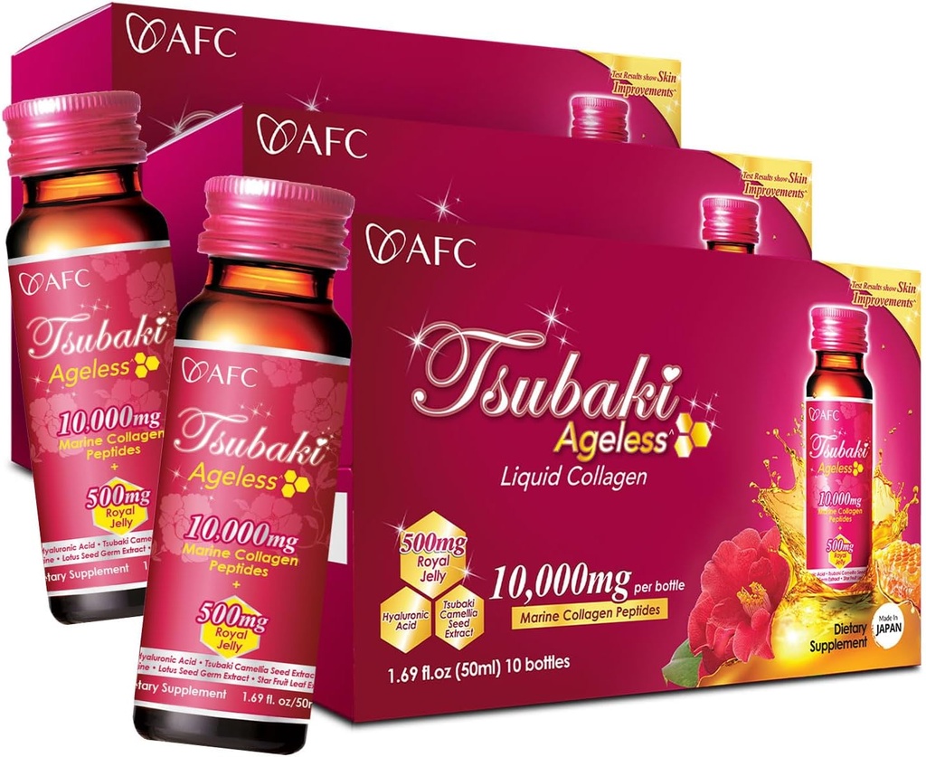 AFC Japan Tsubaki Ageless Beauty Collagen Drink from Japan with 10.000mg Marine Collagen Peptides + 500mg Royal Jelly + Hyaluronic Acid + Vitamin Bs & C for Skin Revitalization 1.69fl.ozx10sx3
