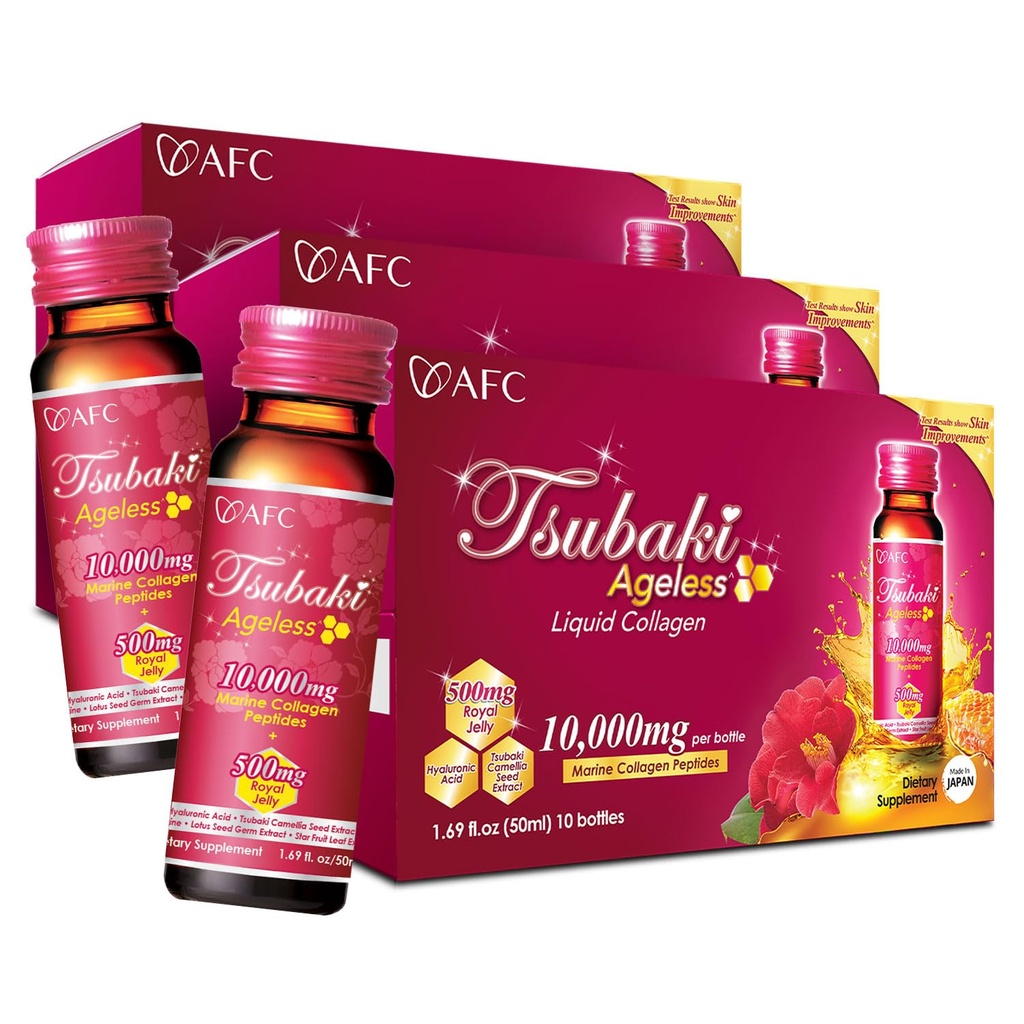 AFC Japan Tsubaki Ageless Beauty Collagen Drink from Japan with 10.000mg Marine Collagen Peptides + 500mg Royal Jelly + Hyaluronic Acid + Vitamin Bs & C for Skin Revitalization 1.69fl.ozx10sx3