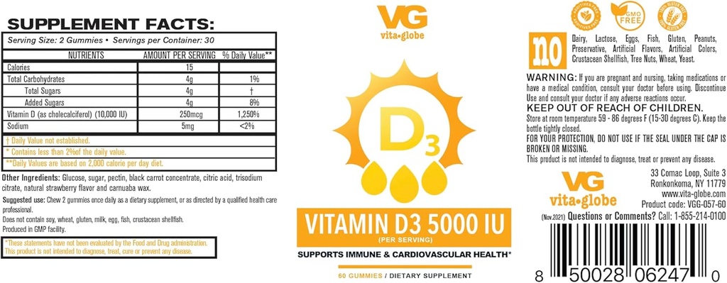VITA GLOBE Βιταμίνη D3 10.000IU 250mcg με ψευδάργυρο και Echinacea Gummy - Υποστηρίζει υγιές ανοσοποιητικό σύστημα, ισχυρά οστά, δόντια και μύες, 120 Count (Pack of 2)