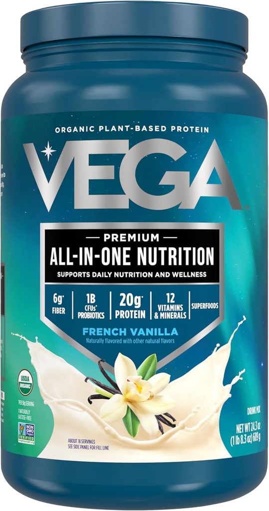 Vega Organic All-in-One Vegan Protein Powder, Γαλλική βανίλια -Superfood Ingredients, Βιταμίνες για την υποστήριξη της ανοσίας, Keto Friendly, Pea Protein for Women & Men, 1,5 lbs (Pack of 1)
