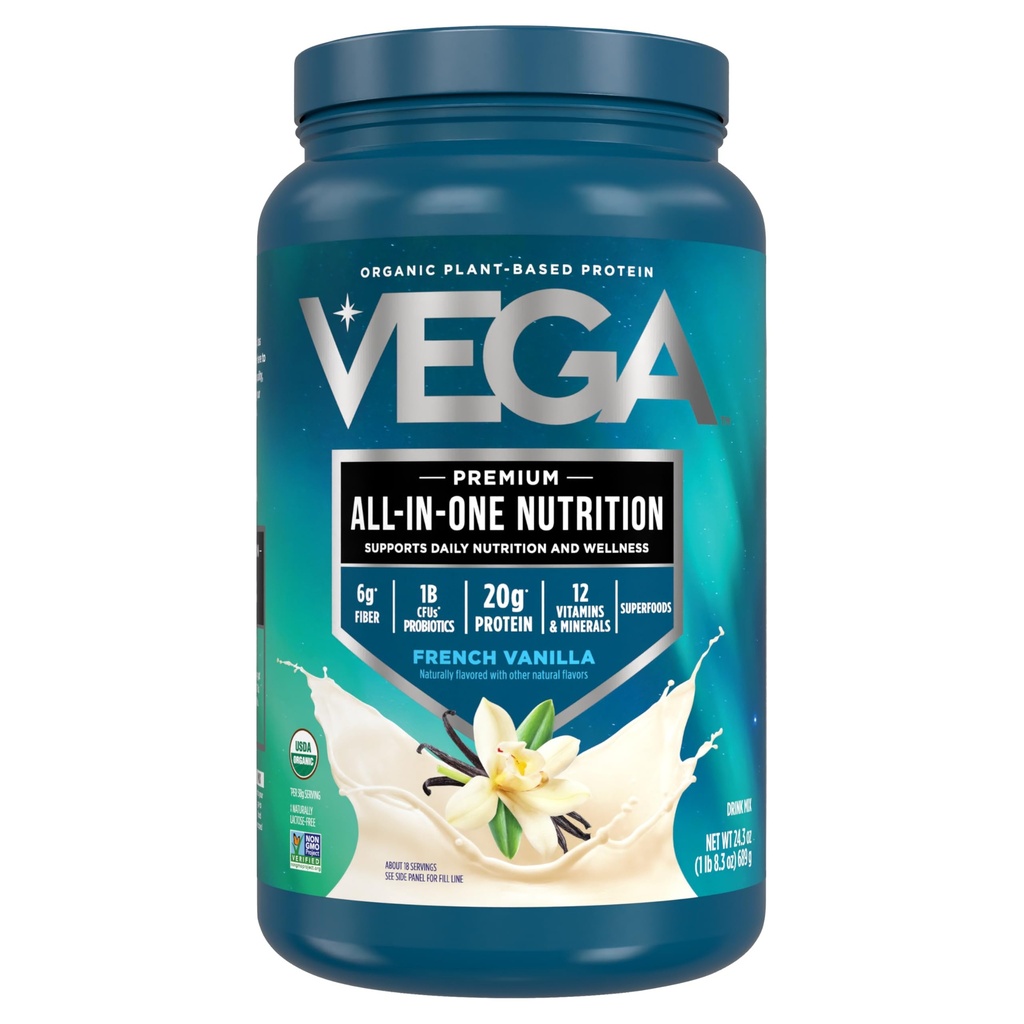 Vega Organic All-in-One Vegan Protein Powder, Γαλλική βανίλια -Superfood Ingredients, Βιταμίνες για την υποστήριξη της ανοσίας, Keto Friendly, Pea Protein for Women & Men, 1,5 lbs (Pack of 1)